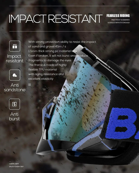 Badass Slick Dirt Bike Goggles For Motocross And Atv Riding With Anti Slip Silicone Strap Impact Resistant PC Lens Tough TPU Frame Wind Dust Sun Protection Adult Gear close-up view highlighting impact resistance features.