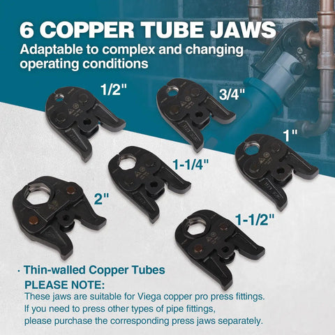 Copper Pipe Press Tool Kit with 6 Jaws in Various Sizes from 1/2 to 2 Inches for Leak-Free Copper Plumbing Joints