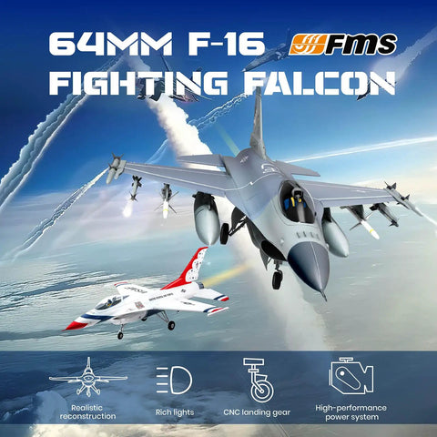 RC Jet Fighter F16 Fighting Falcon 64mm EDF Airplane for Grownups, 6 Channel, Battlefield Gray, in flight with trail.