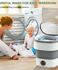 No Sweat Portable Washing Machine With Spin Basket, Super Slick Foldable Washer Featuring Three Deep Clean Modes, Quick Setup Mini Laundry Rig For Travel And Dorm Life, Perfect For Delicate Baby Clothes And Socks Gray with child and laundry.