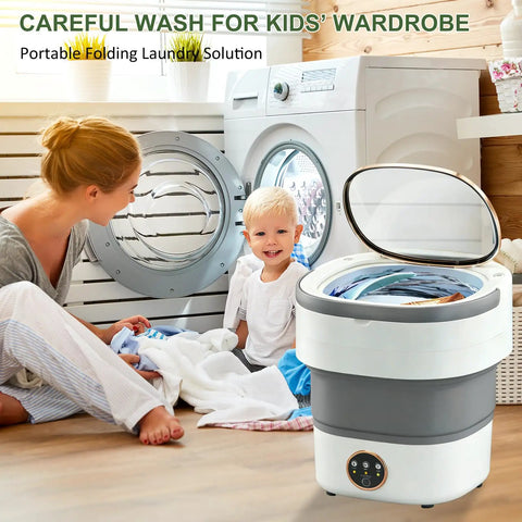 No Sweat Portable Washing Machine With Spin Basket, Super Slick Foldable Washer Featuring Three Deep Clean Modes, Quick Setup Mini Laundry Rig For Travel And Dorm Life, Perfect For Delicate Baby Clothes And Socks Gray with child and laundry.