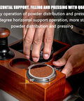 Hands using Heavy Duty Espresso Organizer Station With Kickass Knock Box for powder distribution and tamping on countertop.