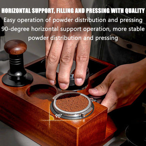 Hands using Heavy Duty Espresso Organizer Station With Kickass Knock Box for powder distribution and tamping on countertop.