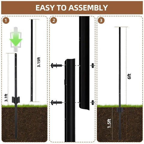 Installation steps for Heavy Duty 6Ft No Dig U Post Fence Posts For Wire Fences, Galvanized Steel Garden Posts, 15 Pack Black Splicing