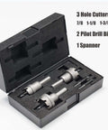EZARC carbide hole saw kit in a foam case with 3 cutters (7/8, 1-1/8, 1-3/8 in), 2 pilot bits and 1 spanner