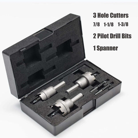 EZARC carbide hole saw kit in a foam case with 3 cutters (7/8, 1-1/8, 1-3/8 in), 2 pilot bits and 1 spanner