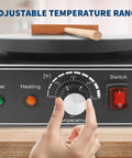 Front view of 16 Inch Double Plate Crepe Maker Griddle with temperature control dial and indicator lights