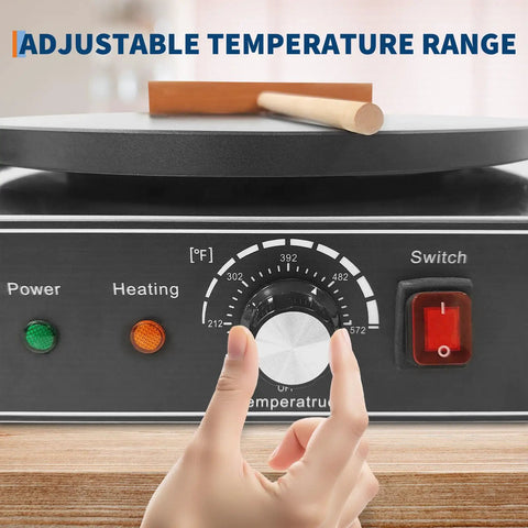 Front view of 16 Inch Double Plate Crepe Maker Griddle with temperature control dial and indicator lights