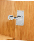 2-pack Angoily silver hydraulic cabinet hinges installed on wood kitchen cabinet door; chrome-plated steel