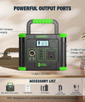 Portable On The Go Solar Generator Power Station with 288.6Wh capacity, showing wireless charging and multiple output ports.