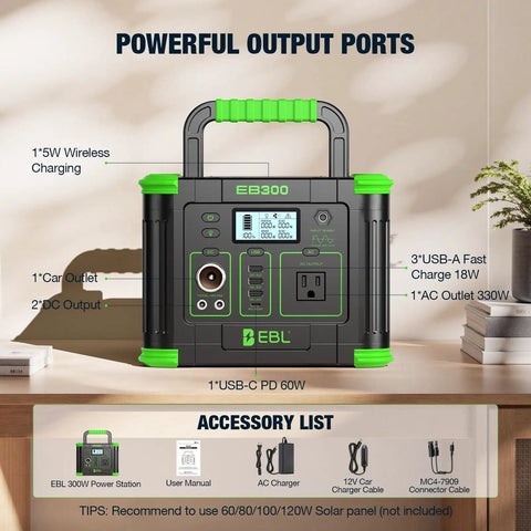 Portable On The Go Solar Generator Power Station with 288.6Wh capacity, showing wireless charging and multiple output ports.