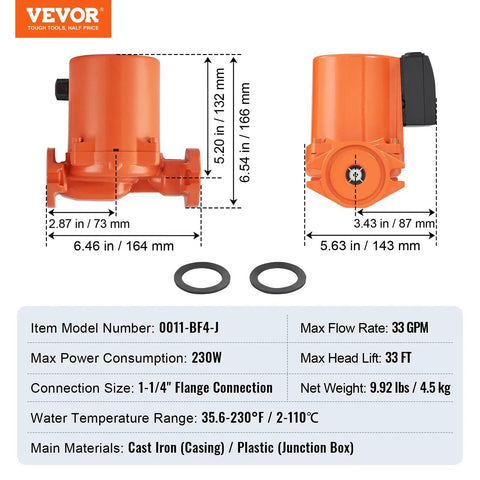 Heavy Duty Cast Iron Circulator Pump 33 GPM Hot Water Circulation Unit with detailed dimensions and specifications.
