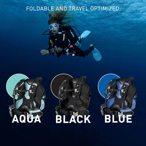 Diver wearing Backmount Scuba BCD with 180 N lift in black/blue, showcasing foldable design for travel and ocean adventures.