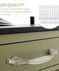 10 Pack Ivory White Cabinet Pulls Three Point Eight Inch Vintage Aluminum Alloy Drawer Handles installed on green cabinet