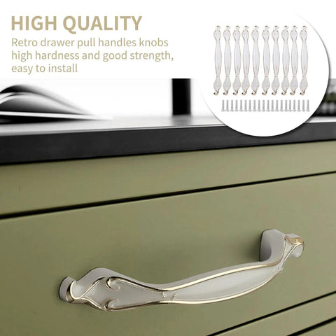 10 Pack Ivory White Cabinet Pulls Three Point Eight Inch Vintage Aluminum Alloy Drawer Handles installed on green cabinet
