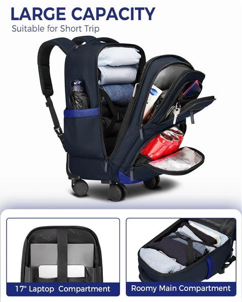 Vierrad-Rollrucksack mit USB-Ladeanschluss und wasserabweisender Roller , geöffnet zur Ansicht der Fächer in Dunkelblau