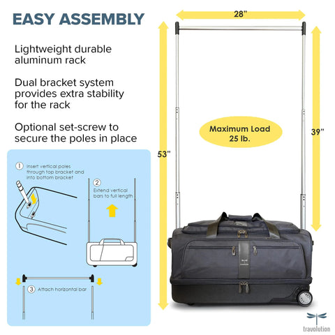 Easy assembly dance competition travel bag with garment rack, lightweight aluminum, and maximum load 25 lbs, ideal for traveling performances.