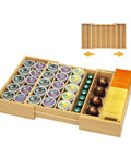 Expandable Bamboo K Cup Holder For Drawer Or Countertop Coffee Pod Storage Organizer filled with K-Cups and tea bags