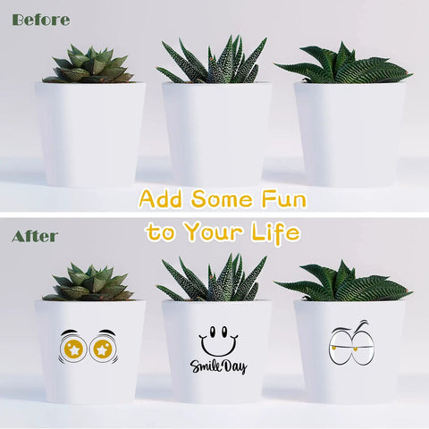 Three white pots with succulents, before and after decoration with cartoon faces using Inkjet Clear Waterslide Transfer Paper.