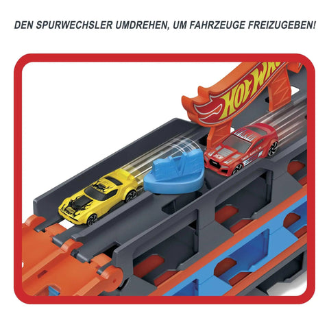 Speedway Hauler Storage Carrier With Three 1 To 64 Scale Cars And Convertible Six Foot Drag Race Track For Kids showing two cars on track