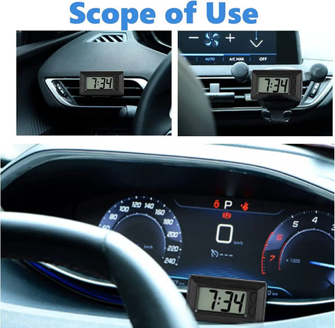 Ultra Thin Digital Clock With Wide Lcd Panel And Adhesive Mount For Car Dashboard Home Desk Ride Ready, displayed in car interior.