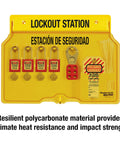 Four Padlock Lockout Tagout Station With Translucent Cover For OSHA Compliant Safety Gear Storage One Piece Molded Polycarbonate Construction Dust Proof Housing For Quick Access And Secure Organization showing four red padlocks and safety tags