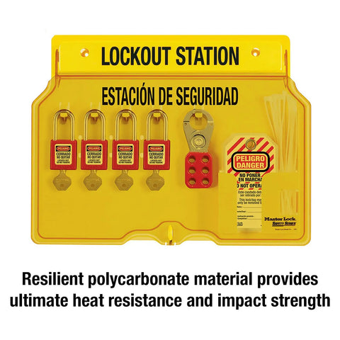 Four Padlock Lockout Tagout Station With Translucent Cover For OSHA Compliant Safety Gear Storage One Piece Molded Polycarbonate Construction Dust Proof Housing For Quick Access And Secure Organization showing four red padlocks and safety tags