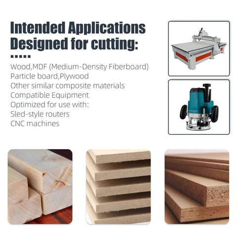 Intended applications for the slab flattening router bit set including MDF, plywood, with CNC router images and material samples.
