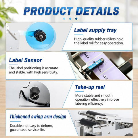 Product details of No Fuss Semi Automatic Round Bottle Labeler With Ergonomic Push Lever showcasing label supply tray and sensor.