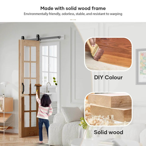 Double 18x84 Inch Bifold French Glass Door Kit With 3.3 Ft Hardware Track in living room, spruce wood framing, solid wood details