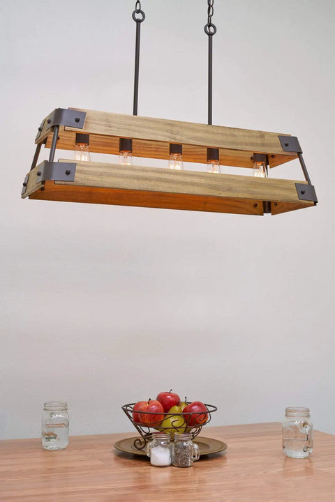 Rustic Modern Farmhouse Kitchen Island Light With Wood Panel Rectangular Frame 34 Inch Five Light Oil Rubbed Bronze Finish And Russet Oak Panels For Industrial Cozy Vibe hung over dining table with fruit bowl
