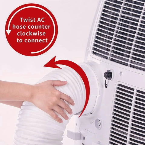 Installing Anti Clockwise Thread Portable AC Exhaust Hose With 5.9 Inch Outer Diameter onto portable air conditioner unit.