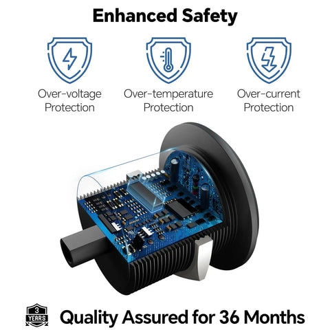 Road Ready 24W USB C Car Charger Featuring Slick Aluminum Housing And Snappy PD 3.0 Plus QC 3.0 Fast Charging For RVs Trucks And Sedans Dash Outlet showcasing internal circuit board with safety features.