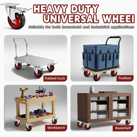 4 Inch Heavy Duty Swivel Casters With Dual Lock Safety Brakes And Non Marking Rubber Tires on various utility carts and furniture.