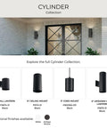 Cylinder collection of black aluminum outdoor ceiling and wall lights for porches and patios showing 5 inch flush mount and lantern designs.