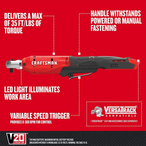 V20 Cordless 3/8 Inch Ratchet Wrench Bare Tool Only with LED Work Light and Variable Speed, shown in side view with features labeled.