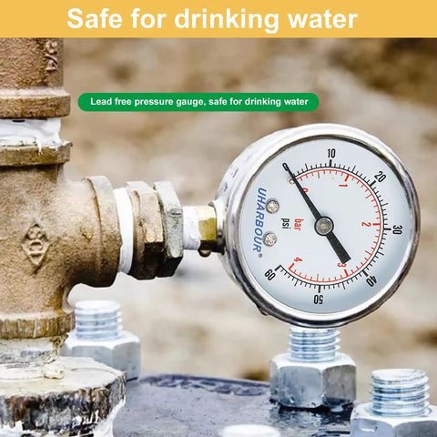 Lead Free Water Pressure Gauge 60 Psi 2 Inch Dial Stainless Steel Case Lower Mount 1/4 Inch NPT used in plumbing