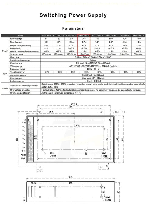 Heavy Duty Switching Power Supply Crushes 350 Watts At 36 Volts With 9 Point 7 Amps dimensions and specifications diagram.