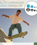 Premium Skateboard Bushings And Truck Rebuild Kit With Hella Tough Washers And Pivot Cups Set In Durable Polyurethane Black For A Smooth Longboard Ride On Gnarly Asphalt Streets 92A Hardness with blue bushings and a skater performing tricks.