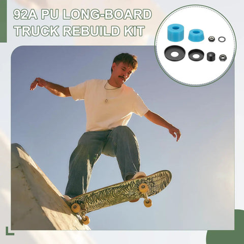 Premium Skateboard Bushings And Truck Rebuild Kit With Hella Tough Washers And Pivot Cups Set In Durable Polyurethane Black For A Smooth Longboard Ride On Gnarly Asphalt Streets 92A Hardness with blue bushings and a skater performing tricks.