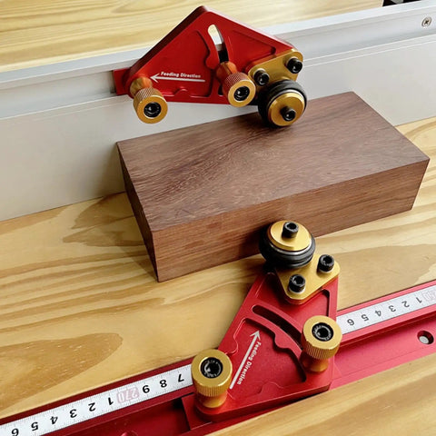Adjustable Roller Featherboard For Table Saw Feeder With Polyurethane Grippy Wheels And Smooth Guide Rail Heavy Duty Woodworking Jig keeping boards locked tight during cuts on wood.