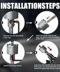 GSTK 10PCS carbide hole saw kit with titanium-plated pilot drill and two springs; step-by-step installation diagram
