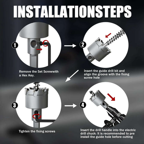 GSTK 10PCS carbide hole saw kit with titanium-plated pilot drill and two springs; step-by-step installation diagram