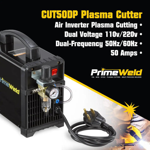 50A Air Inverter Plasma Cutter With Non-Touch Pilot Arc, Dual Voltage 110V/220V displayed with power cord and branding