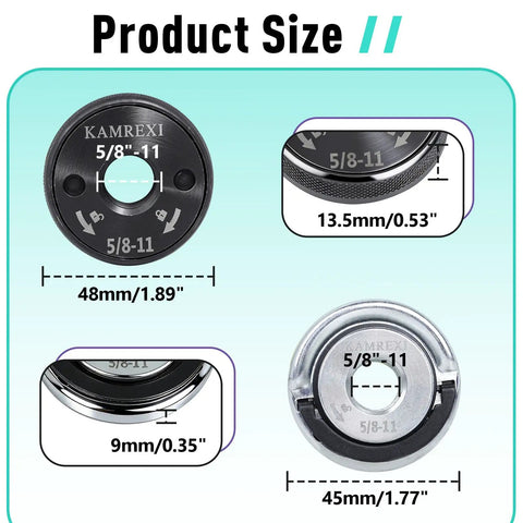 5/8-11 Angle Grinder Flange Nut Set dimensions; nut diameter 48mm, 45mm, thickness 13.5mm, 9mm; tool-less quick release design