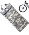 Go-To Hydration Bladder Carrier With 2 To 2.5L Water Reservoir, 600D Oxford Thermal Sleeve, attached to a bike, camouflage design.