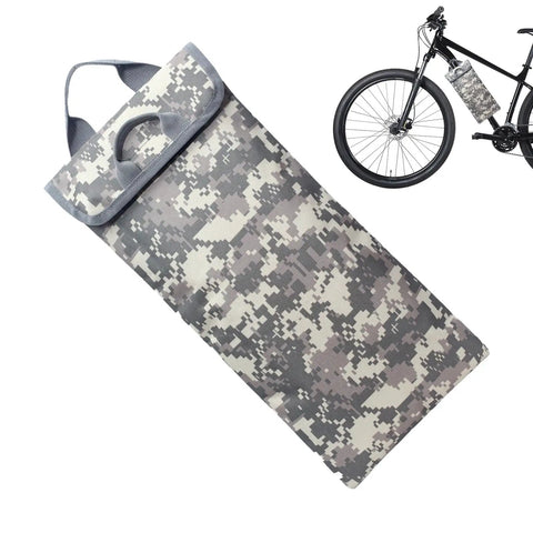 Go-To Hydration Bladder Carrier With 2 To 2.5L Water Reservoir, 600D Oxford Thermal Sleeve, attached to a bike, camouflage design.