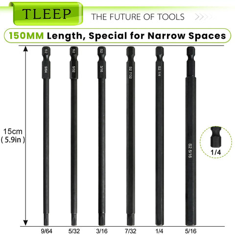 Heavy Duty Long Hex Shank Allen Wrench Drill Bit Set With Magnetic Tips, SAE 9/64 5/32 3/16 7/32 1/4 5/16, 6 Inch Length