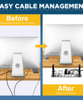 Before and after under desk cable management comparison using Under Desk Cable Management Tray No Drill Clamp On System.
