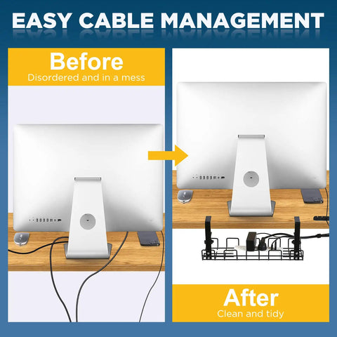 Before and after under desk cable management comparison using Under Desk Cable Management Tray No Drill Clamp On System.